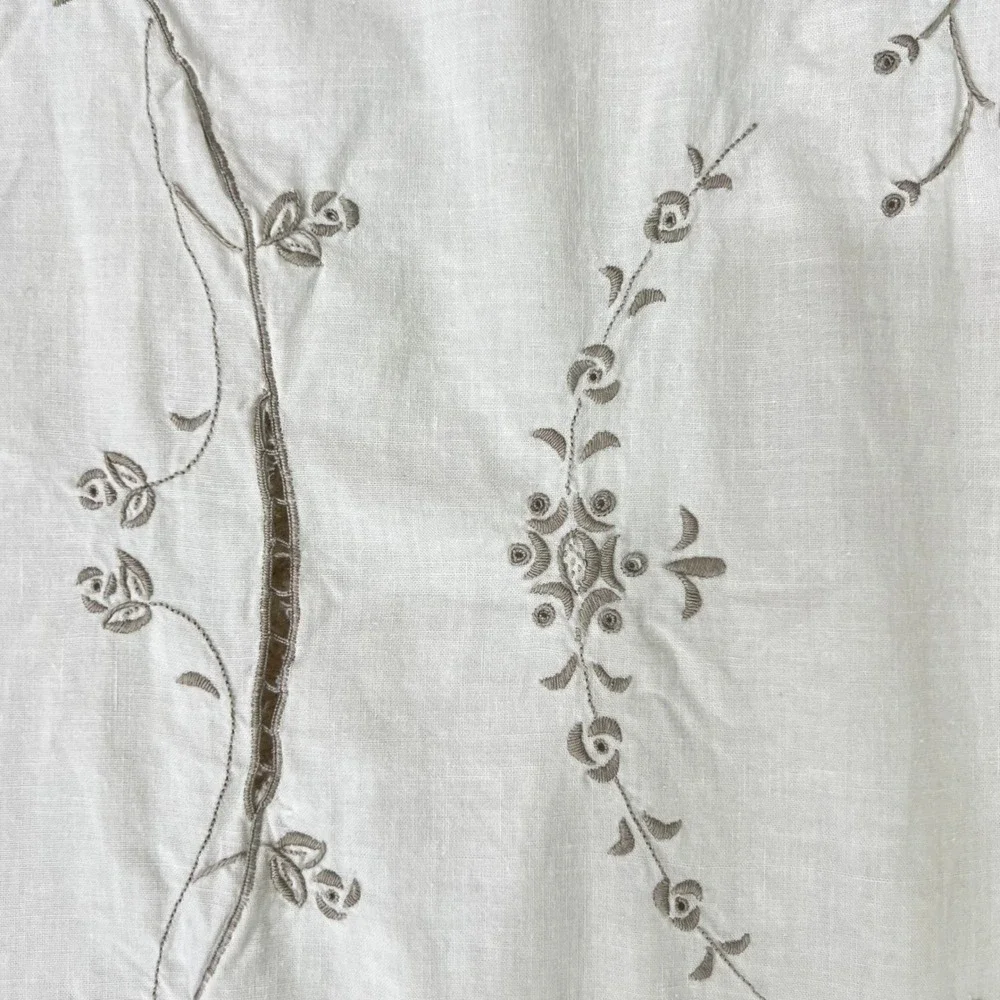 Vintage Antique Hand Embroidered White Linen Tablecloth Scalloped Cutwork Floral
